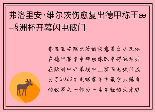 弗洛里安·维尔茨伤愈复出德甲称王欧洲杯开幕闪电破门